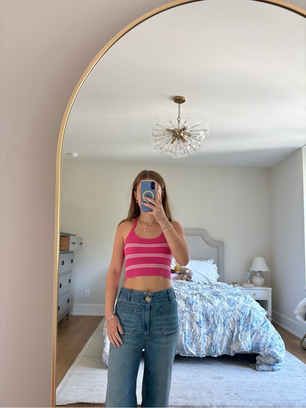 SHEIN Hot Pink Striped Knit Crop Halter Top